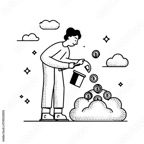 A person pouring coins from a bucket into a cloud with stars and additional clouds in the background