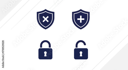 Vector illustration of set of dark blue security icons featuring shields with cross and plus symbols, and closed and open locks