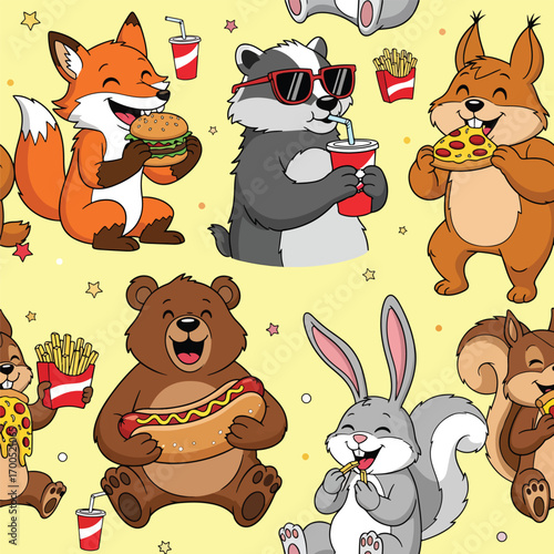 Cartoon animals enjoying fast food including burgers pizza and soda seamless pattern, patern seamless, royalty stock.