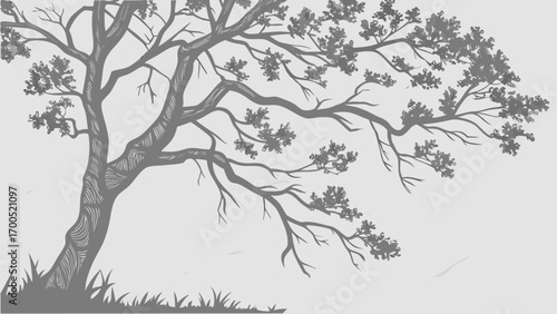 A detailed grayscale illustration of a tree with many branches and leaves, swaying in the wind.
