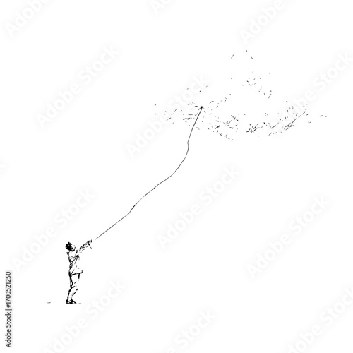Illustration of a person holding a string attached to an abstract shape in a minimalist style drawing art