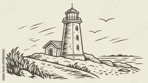 Illustration of a lighthouse on a hill near the sea with birds flying above.
