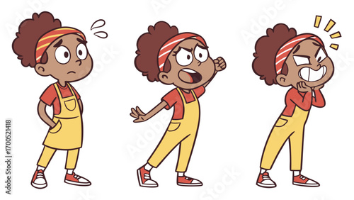 Three illustrations of a girl showing different emotions.