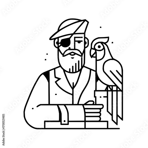 A pirate with an eye patch, hat, beard, and vest, standing next to a parrot in a line drawing style
