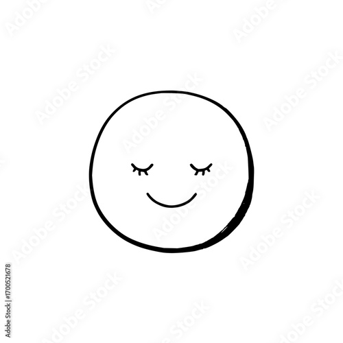 A simple drawing of a white circle with closed eyes and a smile on a white background illustration