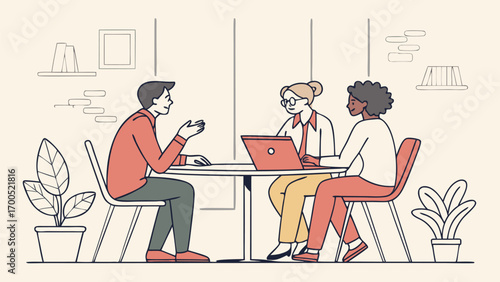 Three people seated at a table, engaged in a discussion, likely a business meeting or interview.