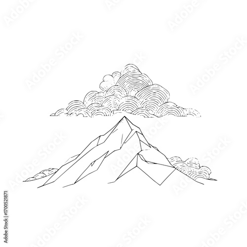 Illustration of a mountain peak with clouds above in a simple black and white line drawing style art