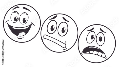 Three cartoon faces showing happy, worried, and scared expressions.