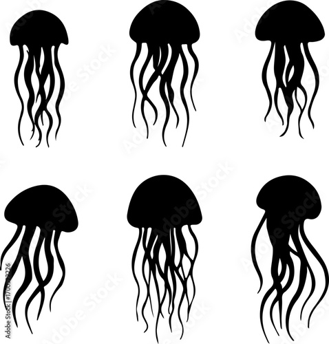 Jellyfish silhouettes set, modern jellyfish set vector, Creative black jellyfish vector art, stylish jellyfish vector logo, Set of jellyfish art design, jellyfish silhouette collection