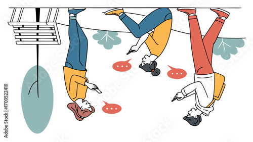 Vector illustration of three young people hanging upside down while absorbed in their smartphones.