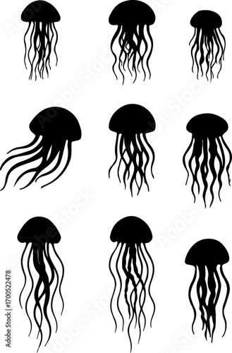Jellyfish silhouettes set, modern jellyfish set vector, Creative black jellyfish vector art, stylish jellyfish vector logo, Set of jellyfish art design, jellyfish silhouette collection