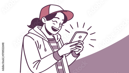 A young person smiles while looking at their phone, with light radiating from the screen.