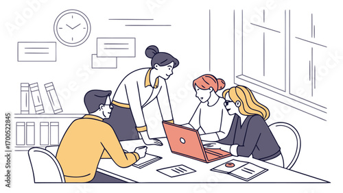 Team of professionals collaborating around a table with a laptop in an office setting.