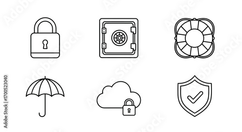 Vector illustration of set of six security and safety icons including a padlock, safe, lifebuoy, umbrella, cloud with lock, and shield with checkmark