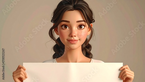 A cartoon-style female character holds a blank sign against a neutral backdrop, showcasing a friendly and inviting expression.