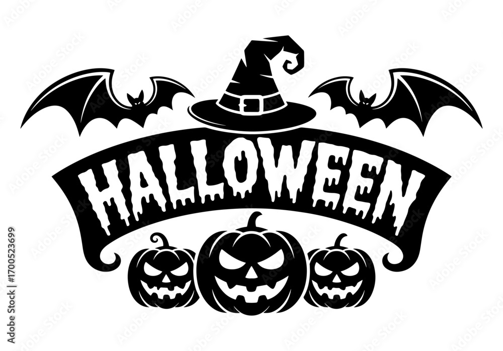 Obraz premium Spooky Halloween banner with witchs hat bats and jack-o-lanterns