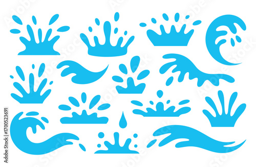 Collection of blue water splash and wave icons ideal for web design or print