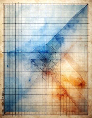 A geometric design, rendered with graphic lines and shaded in shades of blue and warm hues, creating a complex and dynamic composition.