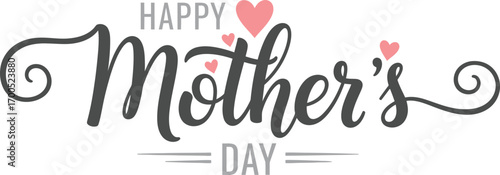 Elegant Happy Mothers Day Text with Pink Hearts Decoration on White Background