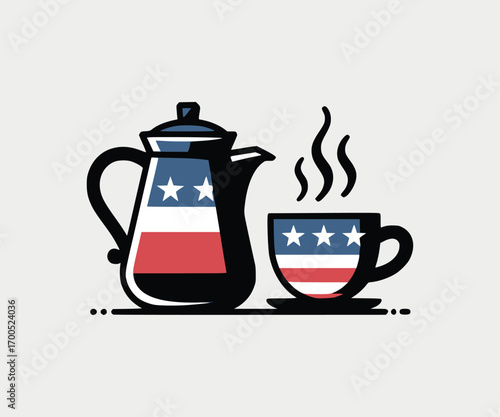 Coffee pot and cup with stars and stripes saucer steam
