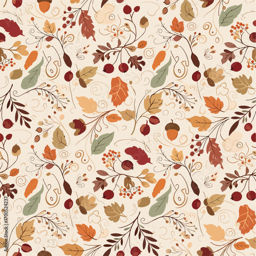 Autumn foliage pattern with falling leaves, berries and acorns in warm colors, seamless pattern, Stock royalty free image.