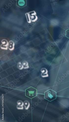 Animation of numbers and connected icons over laptop and electronic components