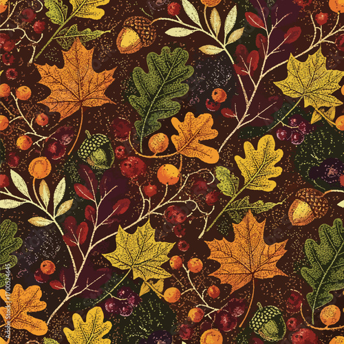 Autumn leaves and acorns seamless pattern with berries and foliage design, patern seamless, Stock royalty free.