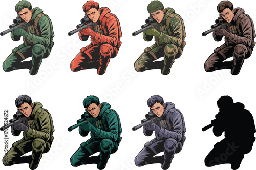 Tactical Sniper Soldier Vector Illustration set