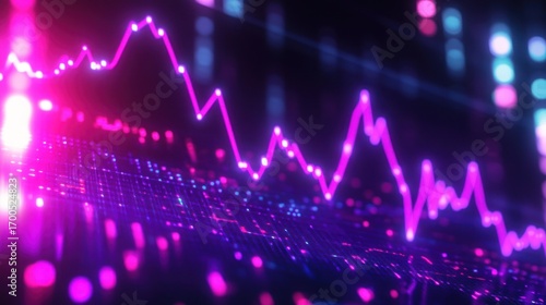 Abstract financial chart with uptrend line graph in neon purple and blue color scheme showing market data analysis