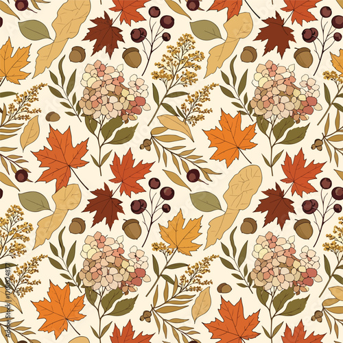 Autumn botanical pattern featuring maple leaves, acorns, berries, and hydrangeas, patern seamless, Stock royalty free.