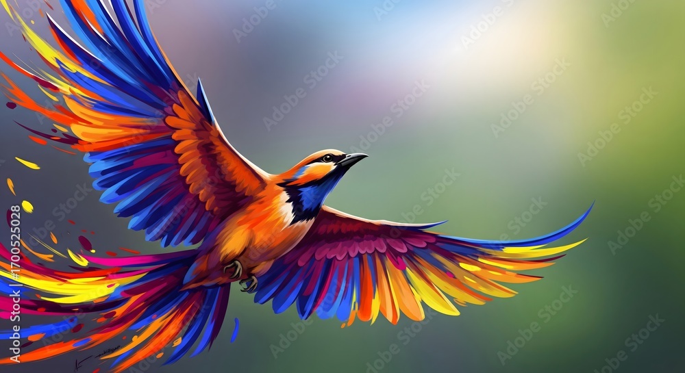 Obraz premium Vibrant Bird Spreading Wings in a Dreamlike Landscape