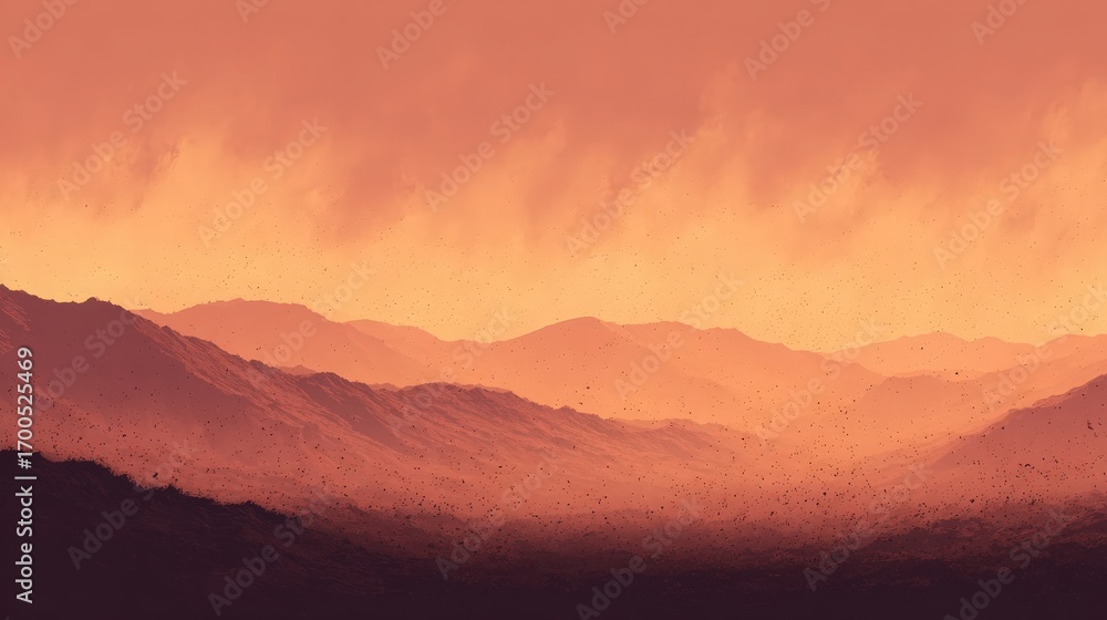 Fototapeta premium Vibrant sunset over rolling hills, showcasing layered textures and a warm color palette.