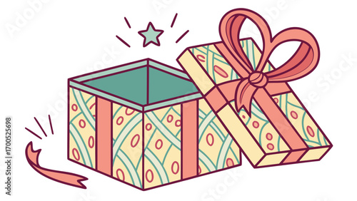 Open gift box with ribbon and decorative pattern, illustration.