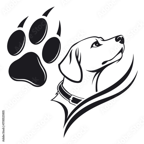Stylized dog portrait and paw print icon