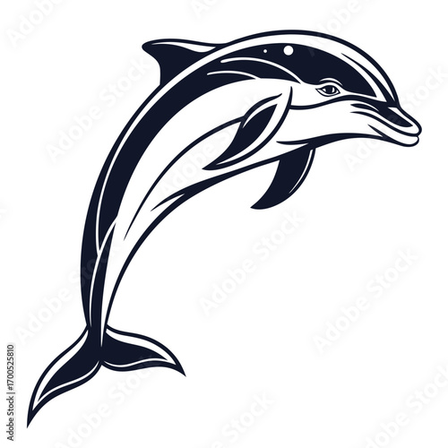 Stylized black and white jumping dolphin illustration on a white background
