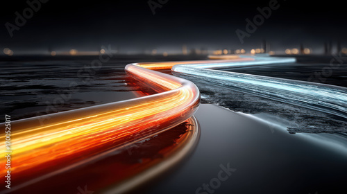 Neon pipeline energy flow glowing line industrial futuristic night reflection metal