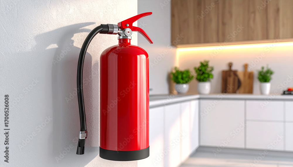 Obraz premium A vibrant red fire extinguisher mounted on a textured white wall, Bright kitchen setting with sleek cabinetry in the backdrop, highlighting safety in modern home design