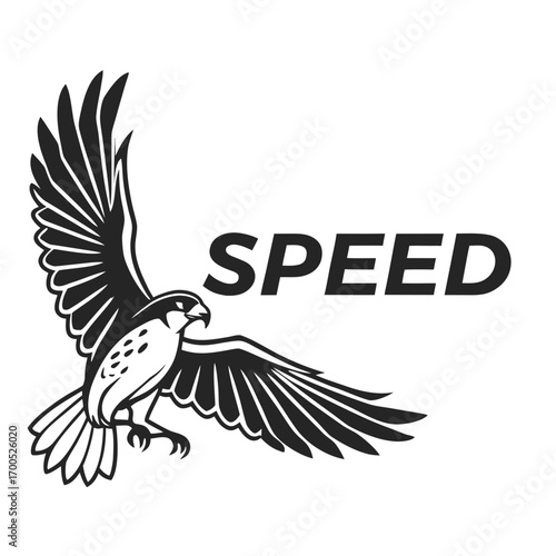 Stylized falcon soaring with speed text