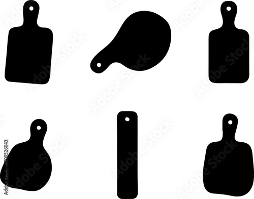 Cutting board silhouettes set, modern board set vector, Creative black chopping board vector art, stylish kitchen utensil vector logo, Set of kitchen art design, cutting board silhouette collection