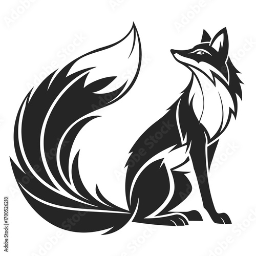 Stylized black fox sitting with a large bushy tail and sharp features