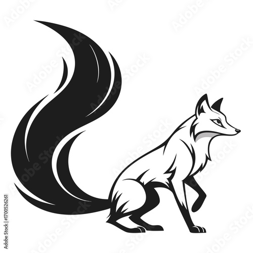 Stylized black and white fox silhouette with large bushy tail