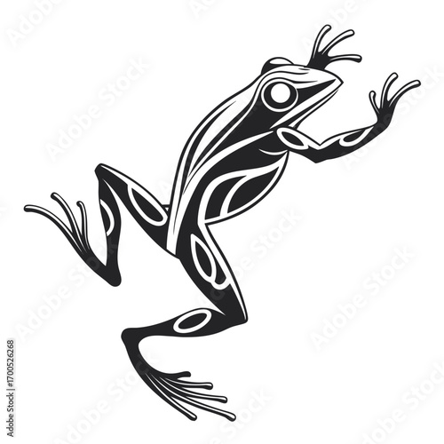 Stylized black and white frog illustration with tribal patterns