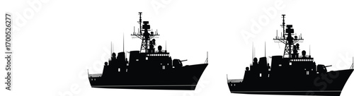 Silhouette of two military navy warships side view isolated on white background, perfect for defense, security, and maritime vector design.