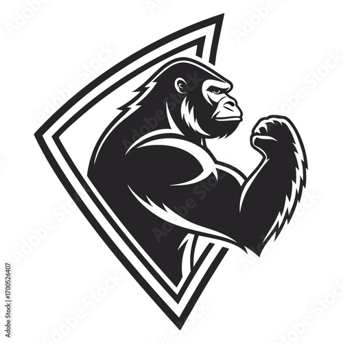 Strong gorilla flexing bicep inside a diamond shape logo