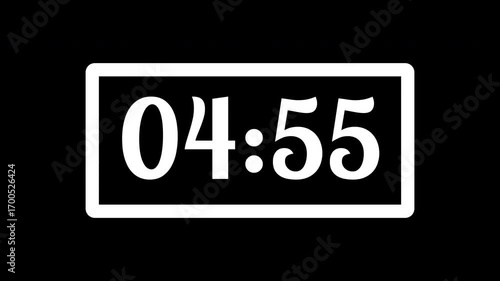 [Part 1 OF 5] five minute digital countdown timer animation, digital stopwatch count up with minutes, seconds, Countdown video with alpha channel.