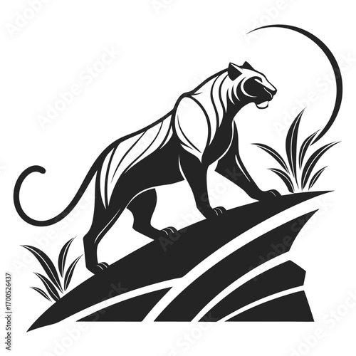 Stylized black tiger silhouette on a rocky outcrop with moon and grass