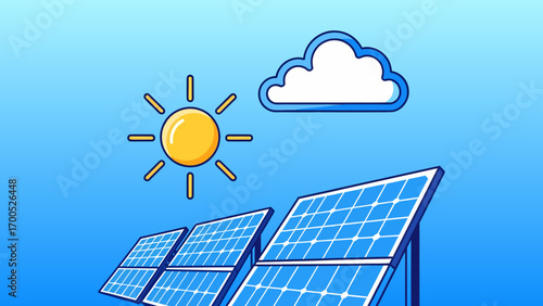 Solar panels under a sunny sky with a cloud, representing renewable energy and sustainability