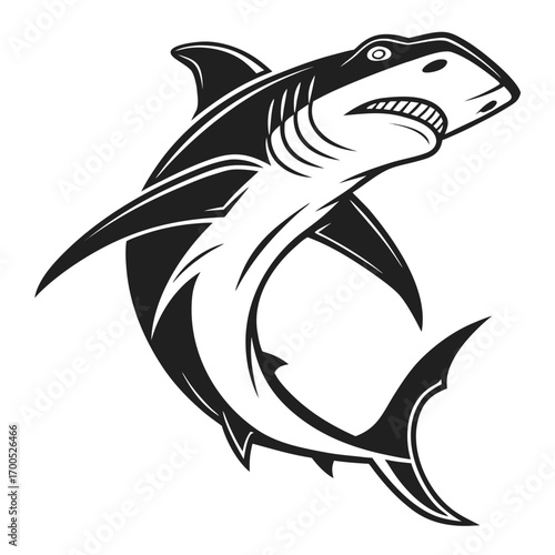 Aggressive shark illustration in black and white tribal style