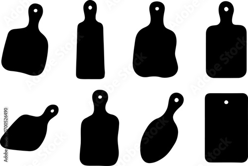 Cutting board silhouettes set, modern board set vector, Creative black chopping board vector art, stylish kitchen utensil vector logo, Set of kitchen art design, cutting board silhouette collection