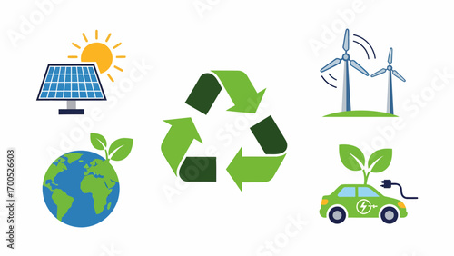 Green energy and environmental conservation icon set with solar, wind, and electric car symbols